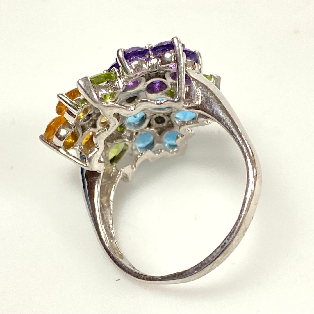 v579 Vintage 14K Gold Sterling Silver Multi Gemstones Flower Cluster Ring Size 9