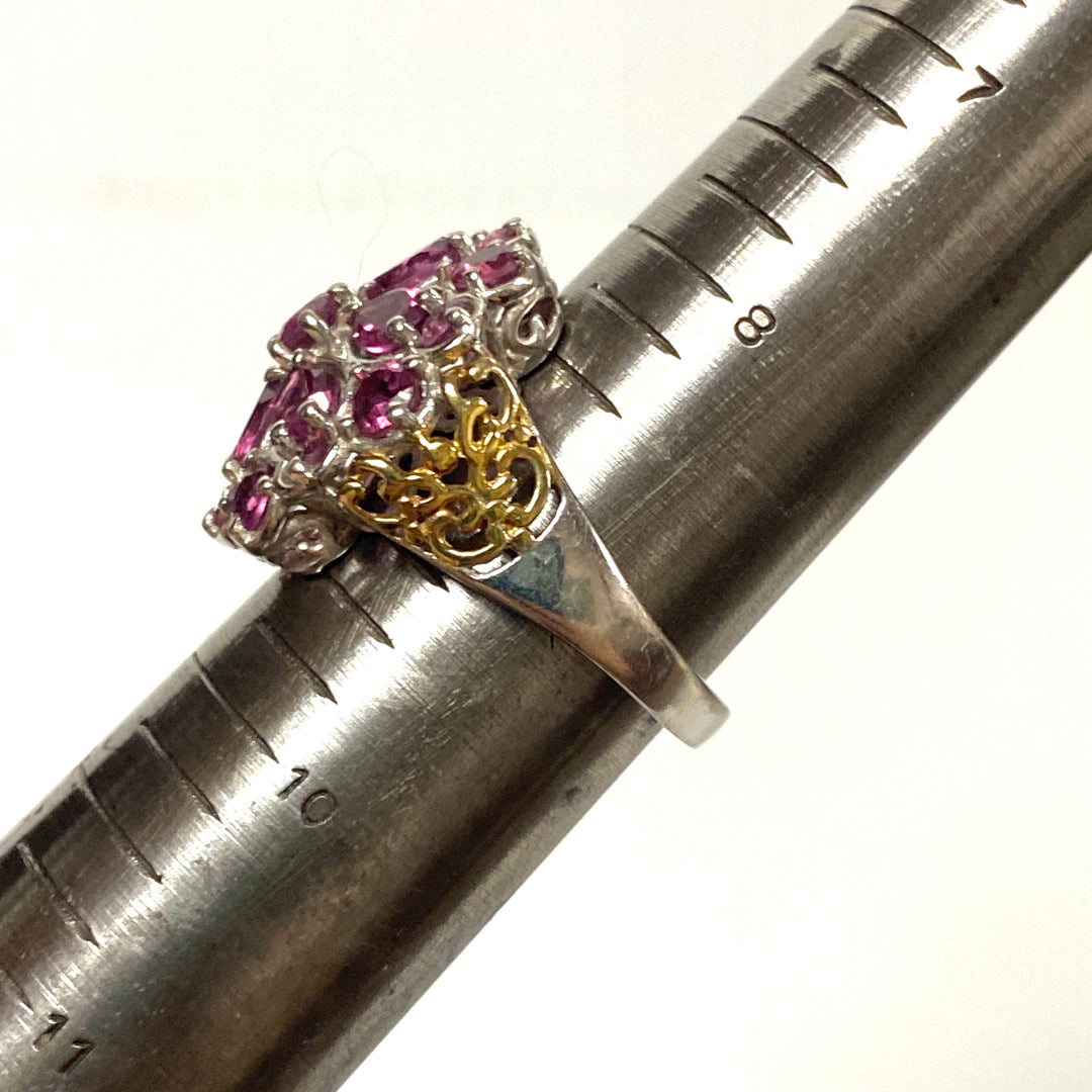 v580 Vintage Sterling Silver Pink Gemstone Cluster Ring with Gold accents on the shank Size 9