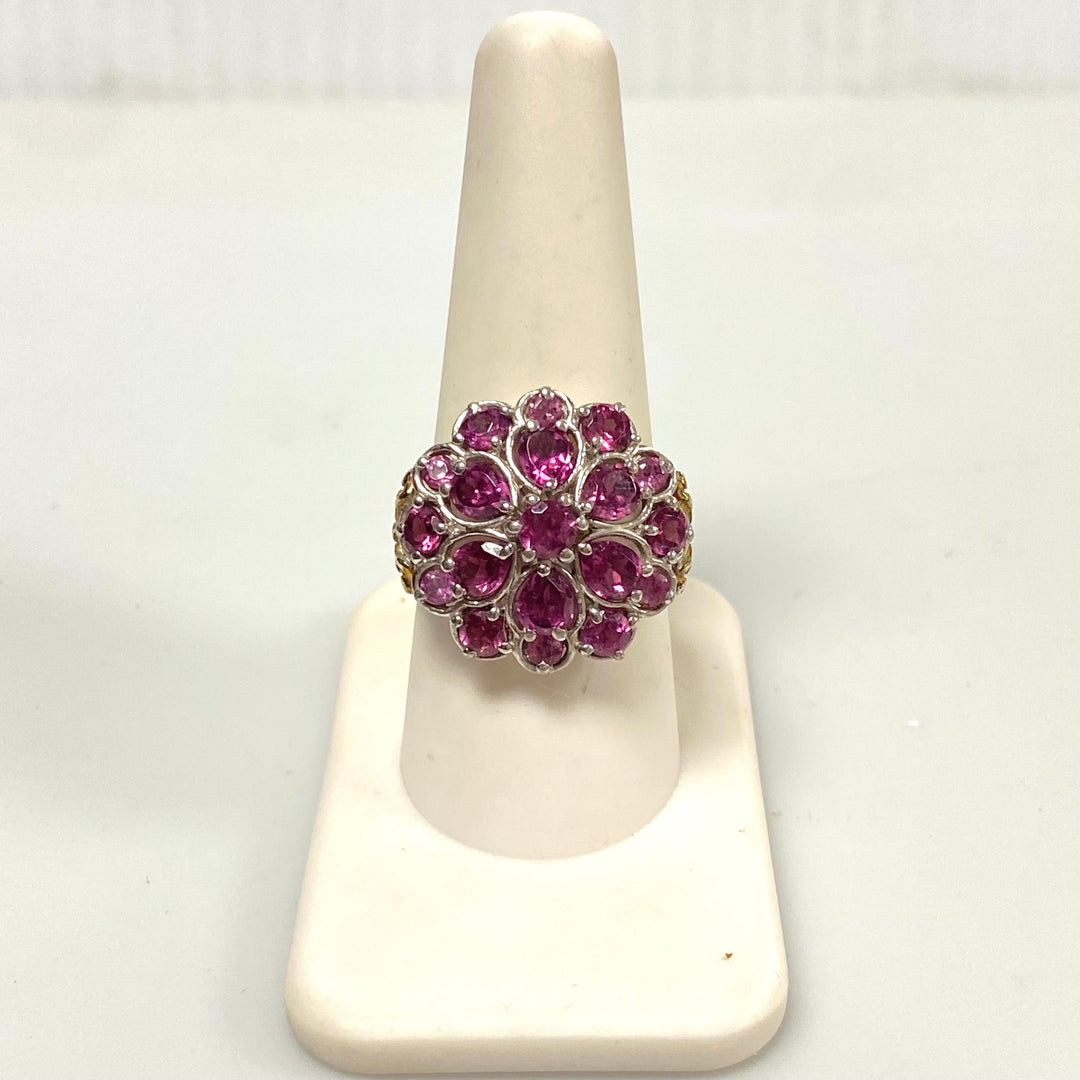 v580 Vintage Sterling Silver Pink Gemstone Cluster Ring with Gold accents on the shank Size 9