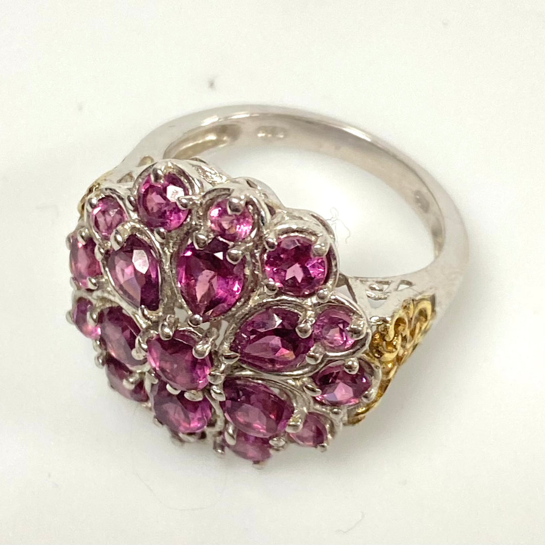 v580 Vintage Sterling Silver Pink Gemstone Cluster Ring with Gold accents on the shank Size 9