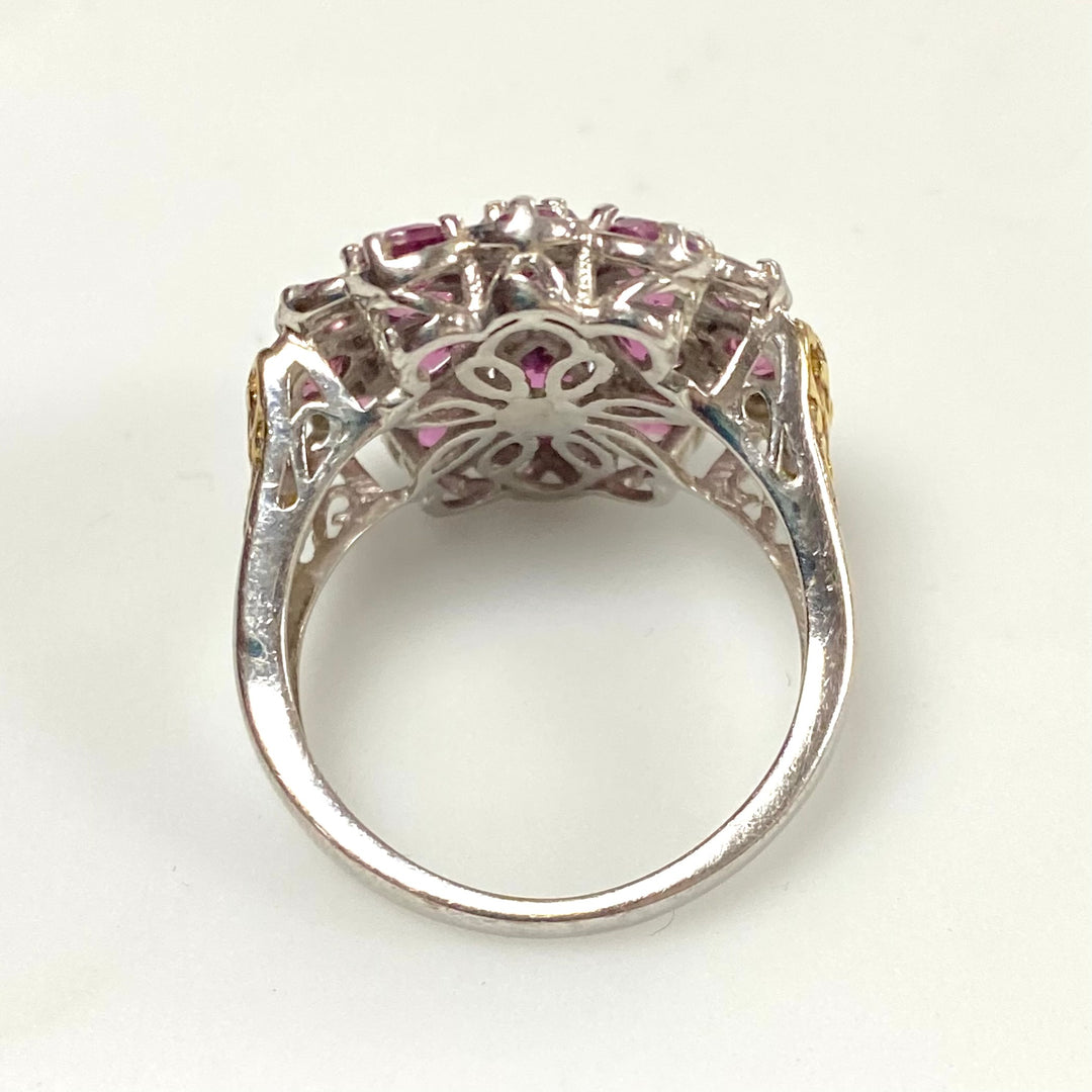 v580 Vintage Sterling Silver Pink Gemstone Cluster Ring with Gold accents on the shank Size 9
