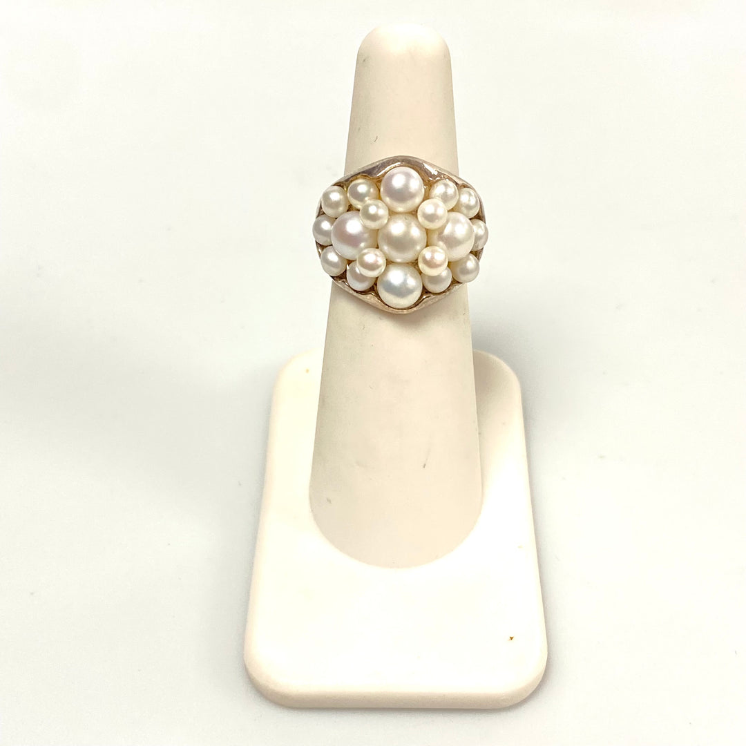 v582 Vintage Sterling Silver Tracey Mayer Pearl Dome "cha-cha" Cluster Ring Sz 5