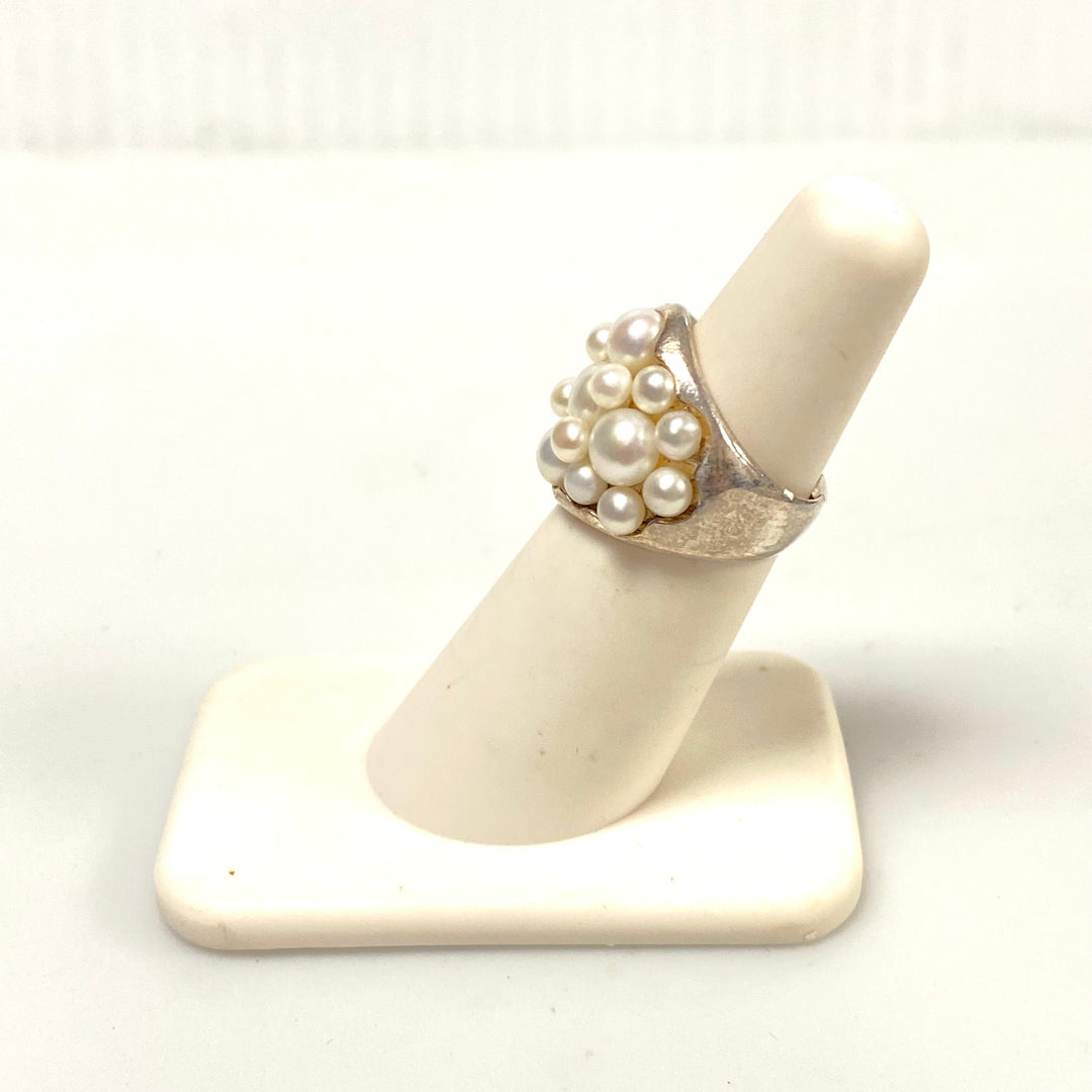 v582 Vintage Sterling Silver Tracey Mayer Pearl Dome "cha-cha" Cluster Ring Sz 5