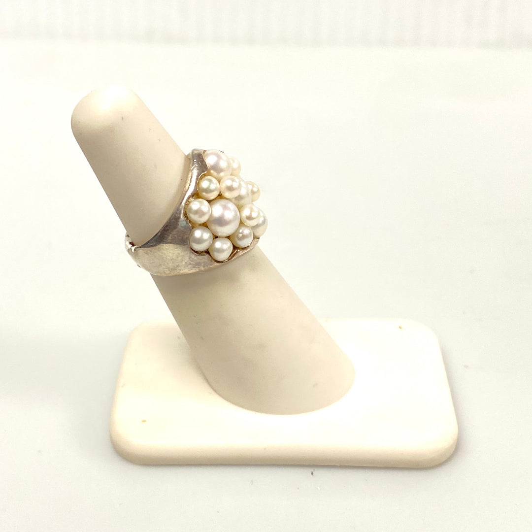 v582 Vintage Sterling Silver Tracey Mayer Pearl Dome "cha-cha" Cluster Ring Sz 5
