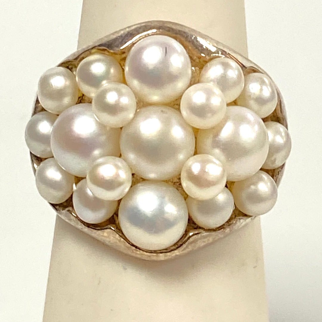 v582 Vintage Sterling Silver Tracey Mayer Pearl Dome "cha-cha" Cluster Ring Sz 5