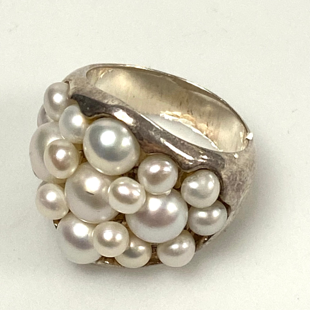 v582 Vintage Sterling Silver Tracey Mayer Pearl Dome "cha-cha" Cluster Ring Sz 5