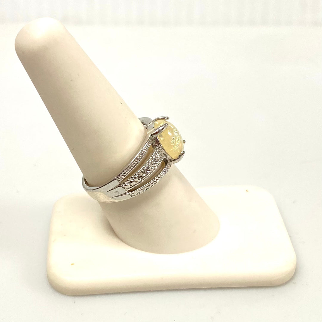 v586 Vintage Oval Yellow Stone Ring in Sterling Silver 4-Prongs Setting Sz 8.25
