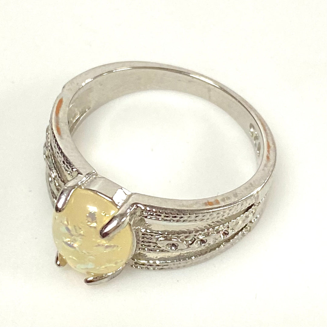 v586 Vintage Oval Yellow Stone Ring in Sterling Silver 4-Prongs Setting Sz 8.25