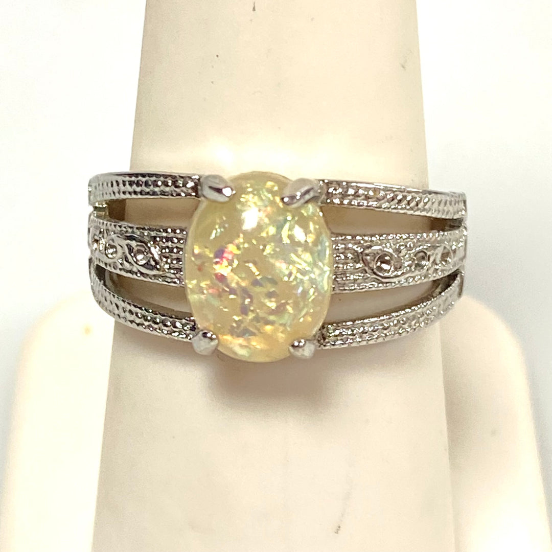 v586 Vintage Oval Yellow Stone Ring in Sterling Silver 4-Prongs Setting Sz 8.25