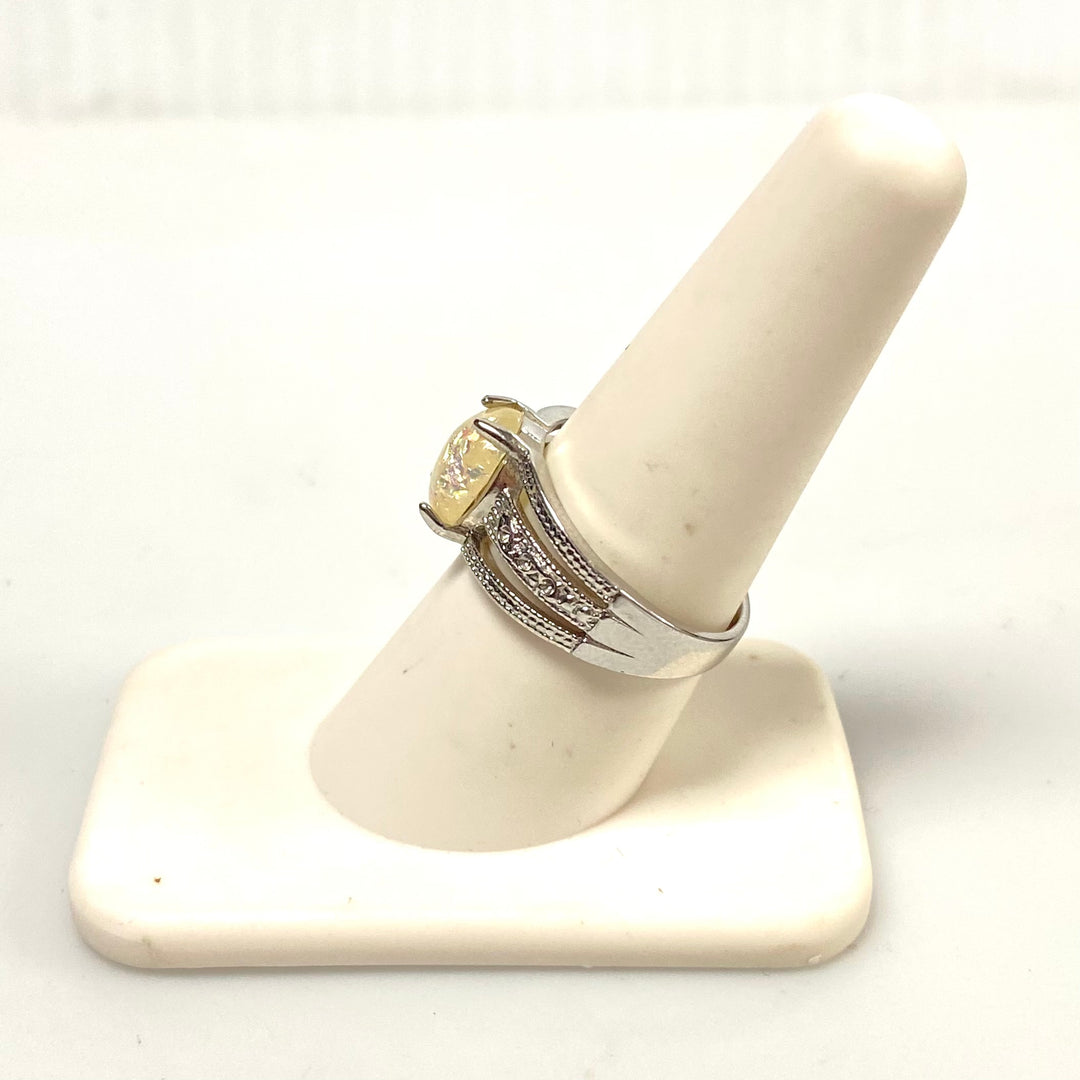 v586 Vintage Oval Yellow Stone Ring in Sterling Silver 4-Prongs Setting Sz 8.25