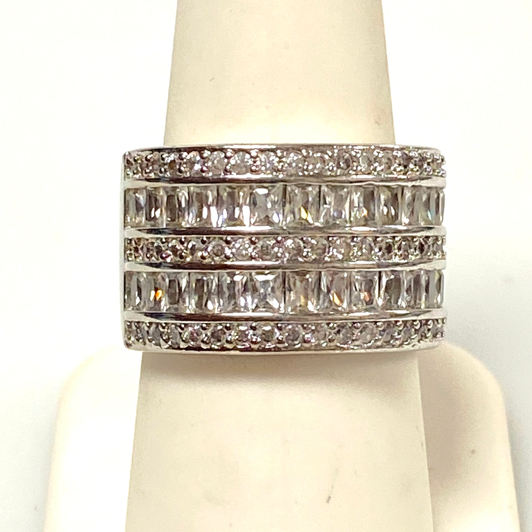 v588 Vintage Sterling Silver Multi-row Multi-shape CZ 14mm Wide Band Ring Sz 8.5