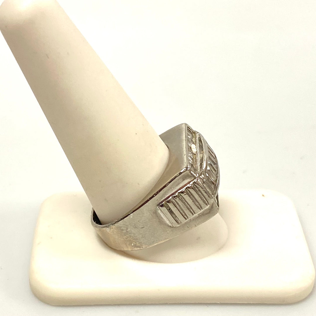v590 Vintage Sterling Silver Baguette White Stone 12mm Wide Band Ring Size 11