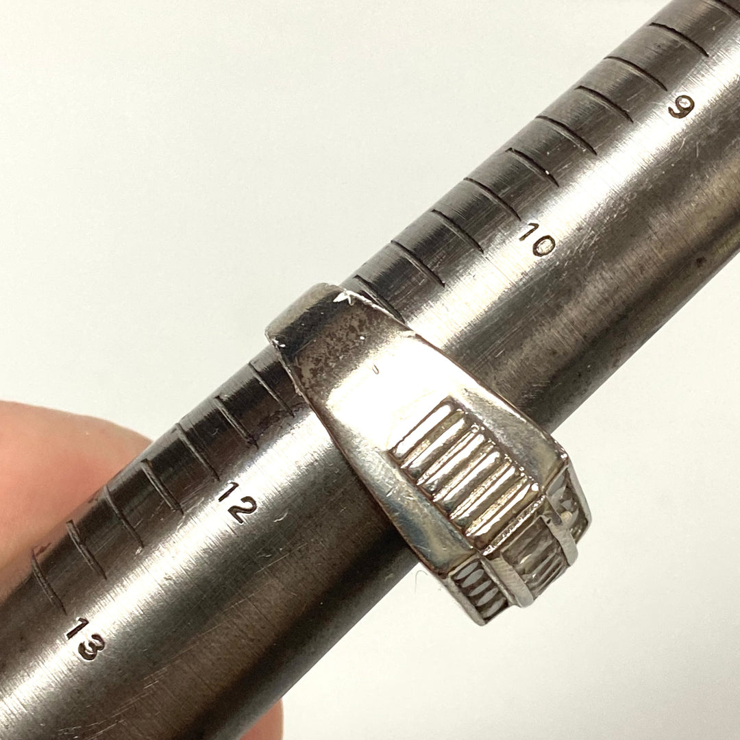 v590 Vintage Sterling Silver Baguette White Stone 12mm Wide Band Ring Size 11