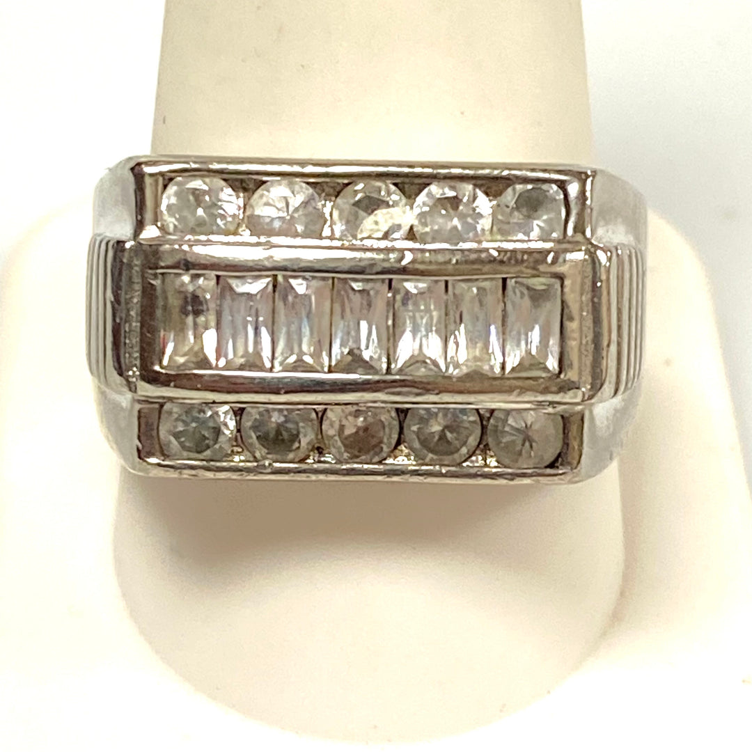 v590 Vintage Sterling Silver Baguette White Stone 12mm Wide Band Ring Size 11