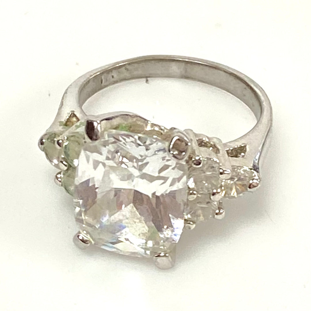 v591 Vintage Sterling Silver Cushion-Cut White Cubic Zirconia Stone Ring Size 6