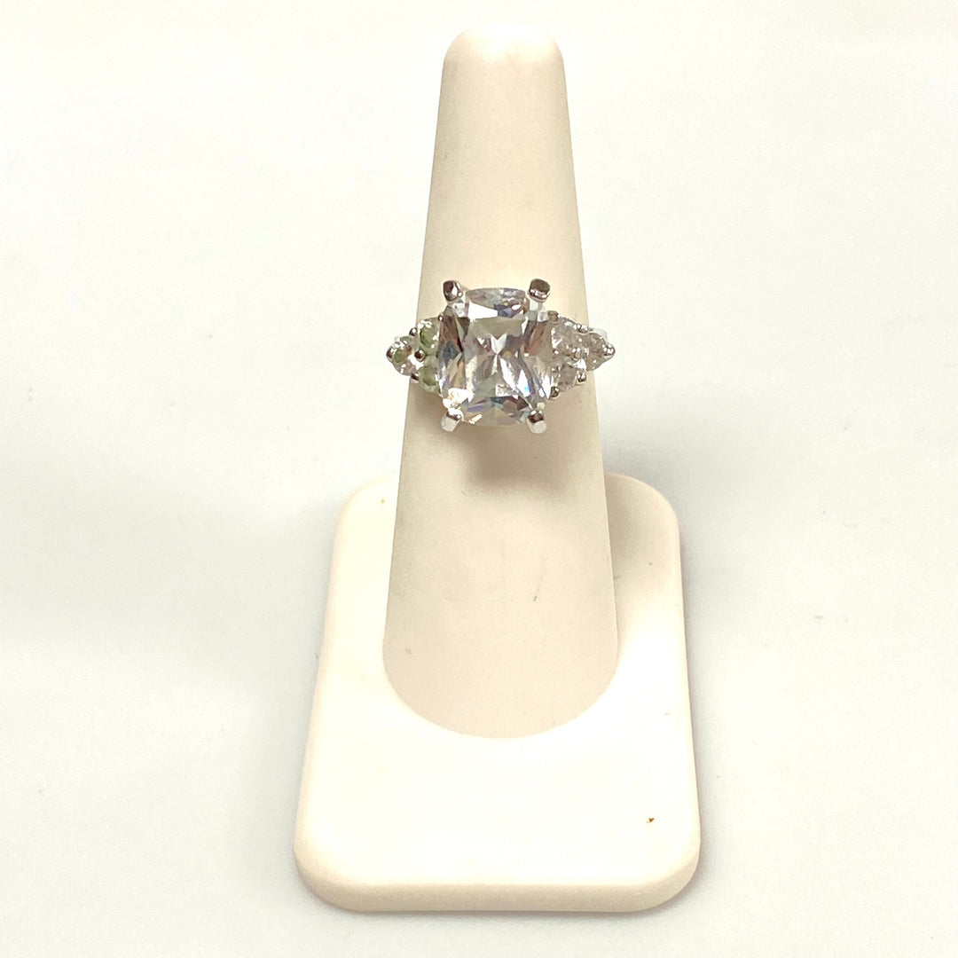 v591 Vintage Sterling Silver Cushion-Cut White Cubic Zirconia Stone Ring Size 6