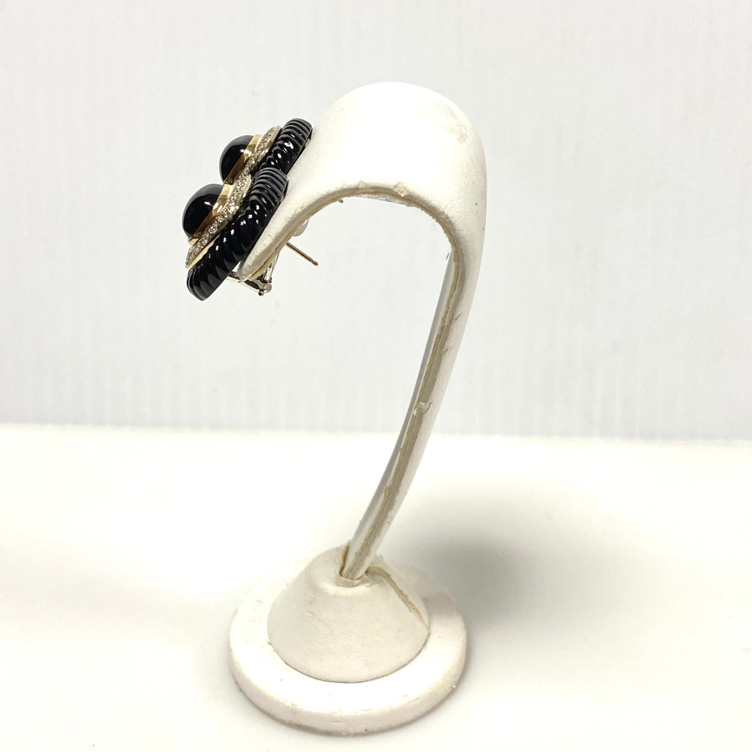 v593 Pair of 14K White Gold Black Onyx and 0.42cts Diamond Stud Pierced Earrings