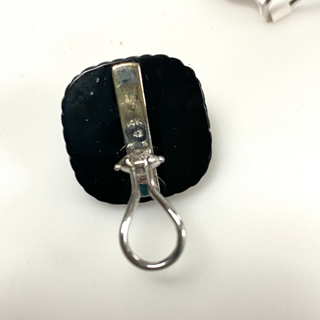 v593 Pair of 14K White Gold Black Onyx and 0.42cts Diamond Stud Pierced Earrings