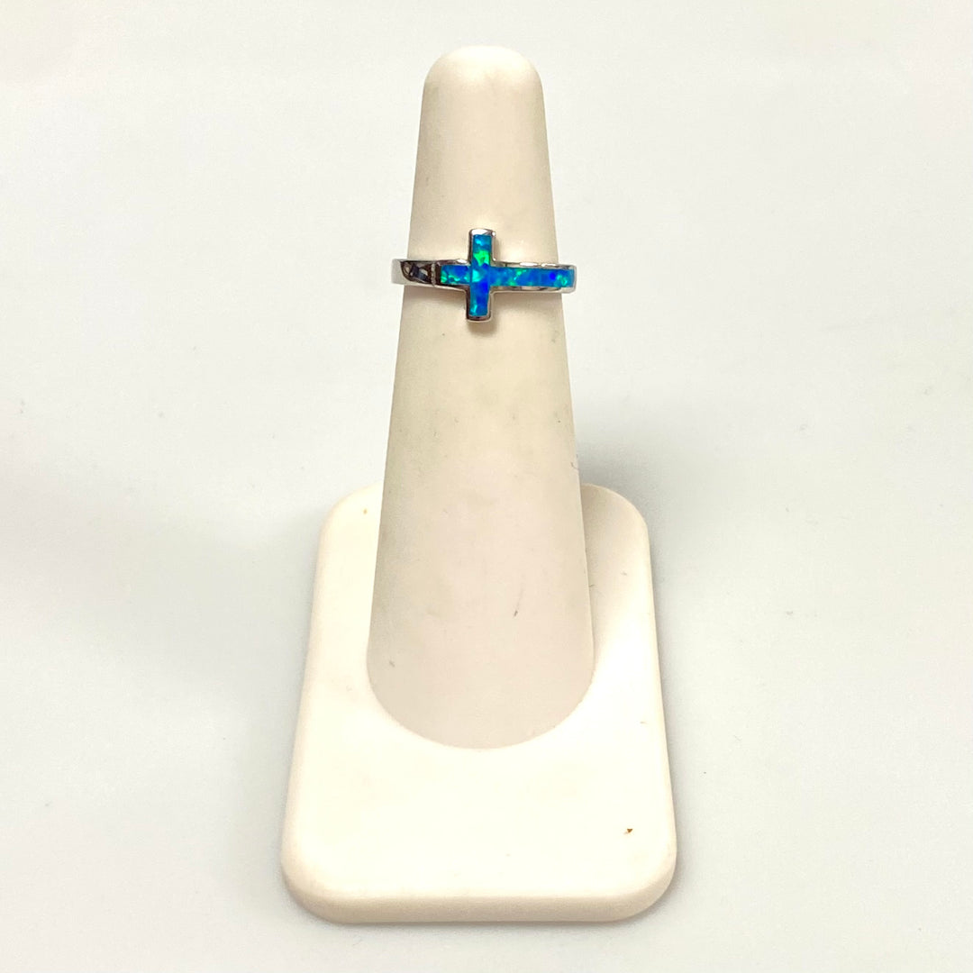 v594 Vintage Sterling Silver Blue Opalata Inlay Cross Band Ring Size 3.75