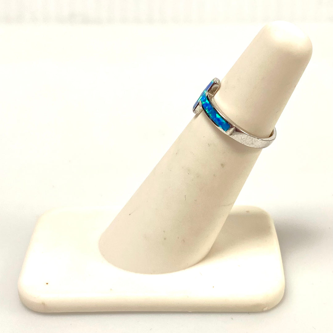 v594 Vintage Sterling Silver Blue Opalata Inlay Cross Band Ring Size 3.75