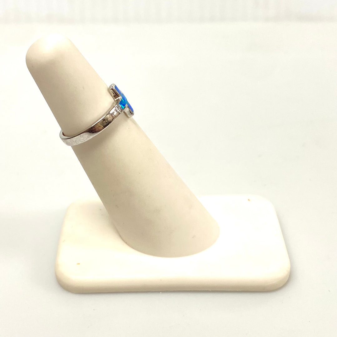 v594 Vintage Sterling Silver Blue Opalata Inlay Cross Band Ring Size 3.75