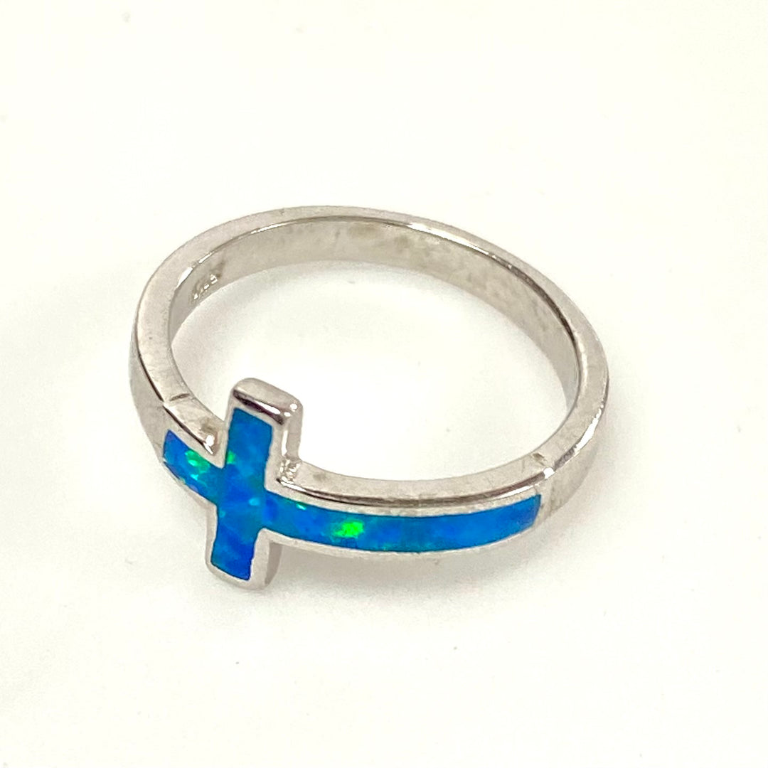 v594 Vintage Sterling Silver Blue Opalata Inlay Cross Band Ring Size 3.75