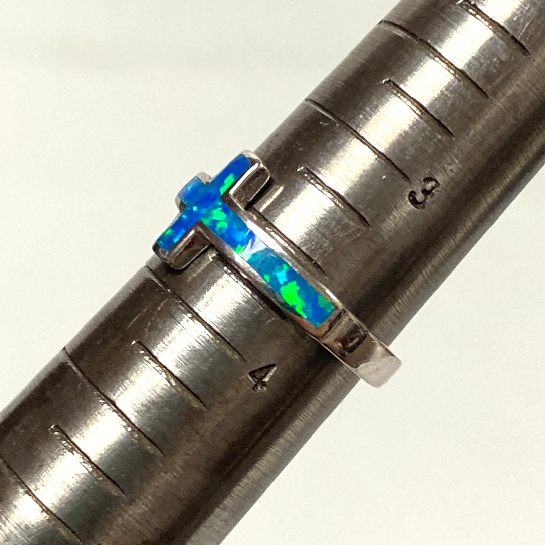 v594 Vintage Sterling Silver Blue Opalata Inlay Cross Band Ring Size 3.75