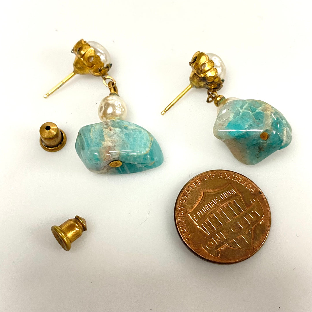 v601 Vintage Gold Tone Earrings with Fresh Water Pearl & Amazonite Gemstones