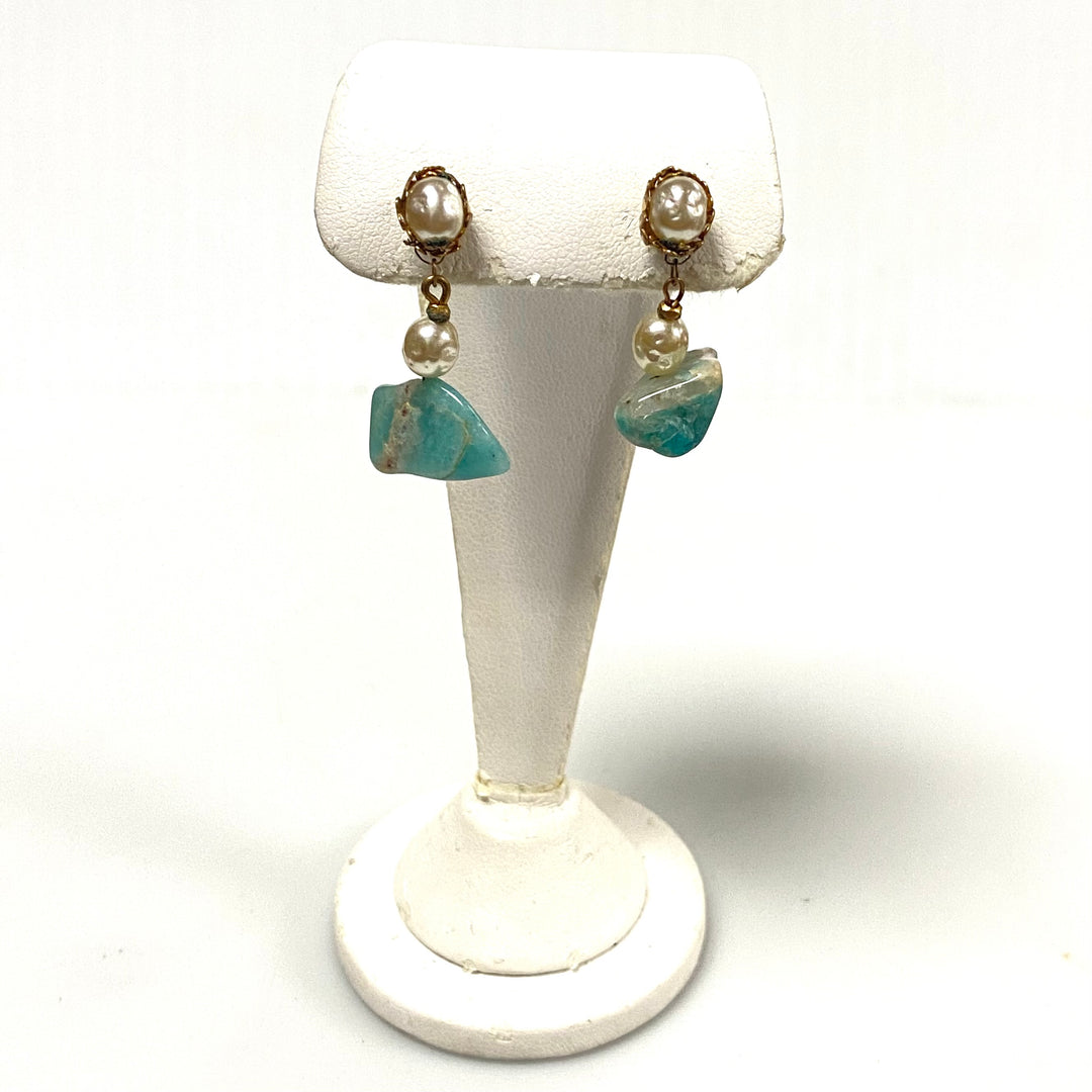 v601 Vintage Gold Tone Earrings with Fresh Water Pearl & Amazonite Gemstones