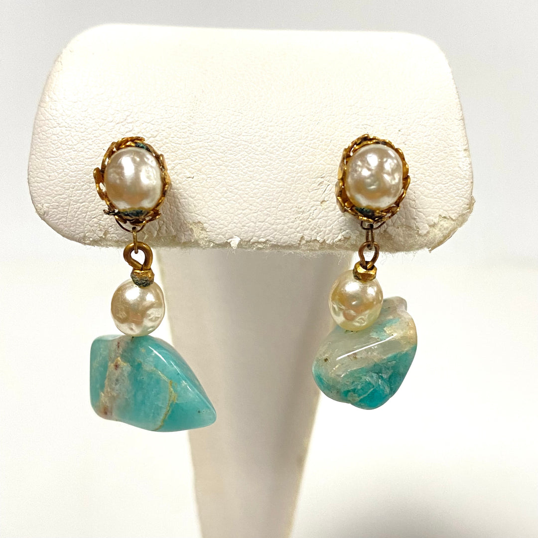 v601 Vintage Gold Tone Earrings with Fresh Water Pearl & Amazonite Gemstones