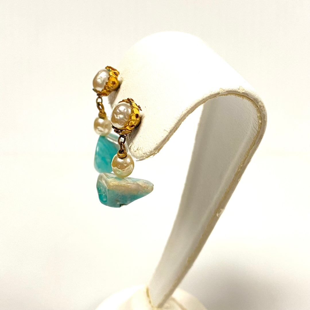 v601 Vintage Gold Tone Earrings with Fresh Water Pearl & Amazonite Gemstones