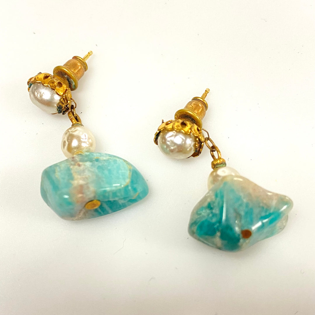 v601 Vintage Gold Tone Earrings with Fresh Water Pearl & Amazonite Gemstones