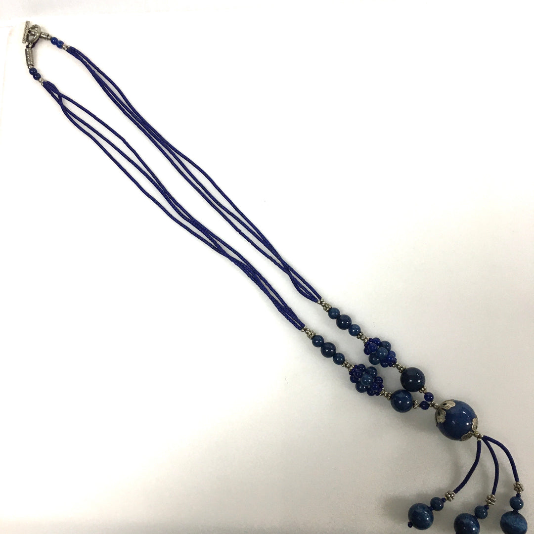 v620 Vintage Blue Lapis Lazuli Beaded Y-style Necklace Sterling Silver 25" Long