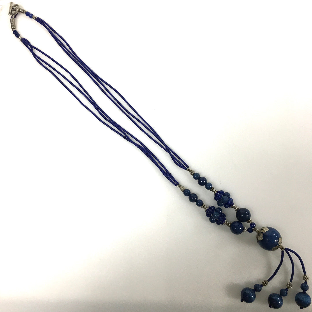 v620 Vintage Blue Lapis Lazuli Beaded Y-style Necklace Sterling Silver 25" Long
