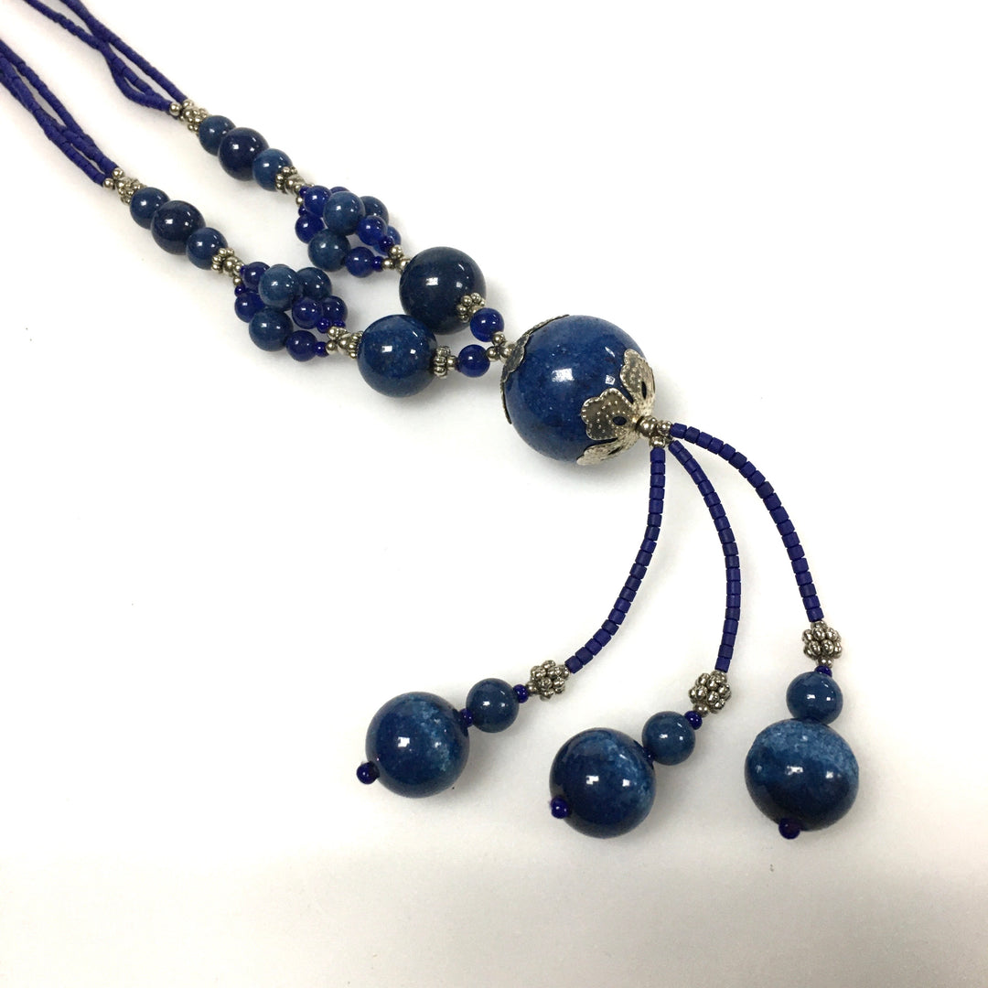 v620 Vintage Blue Lapis Lazuli Beaded Y-style Necklace Sterling Silver 25" Long