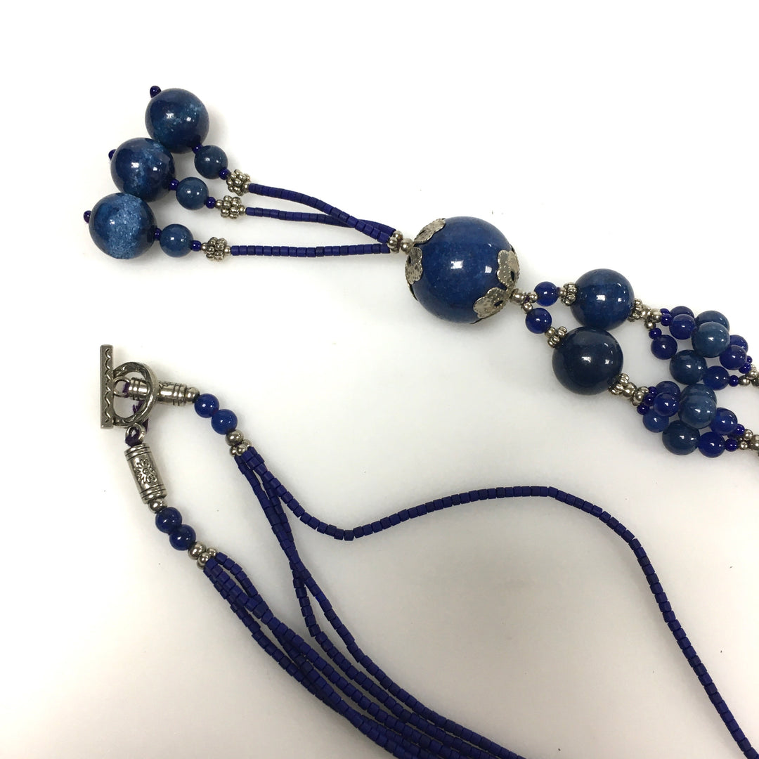 v620 Vintage Blue Lapis Lazuli Beaded Y-style Necklace Sterling Silver 25" Long