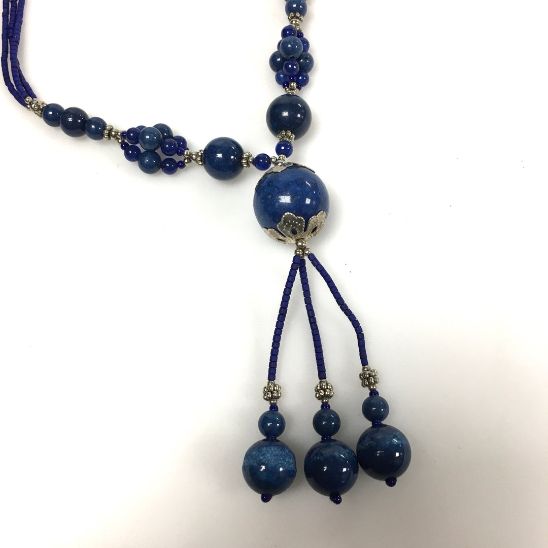 v620 Vintage Blue Lapis Lazuli Beaded Y-style Necklace Sterling Silver 25" Long