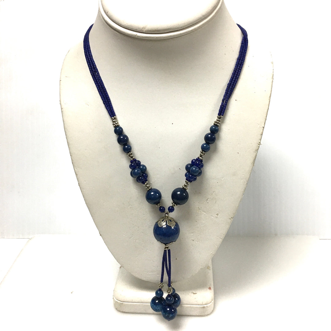 v620 Vintage Blue Lapis Lazuli Beaded Y-style Necklace Sterling Silver 25" Long