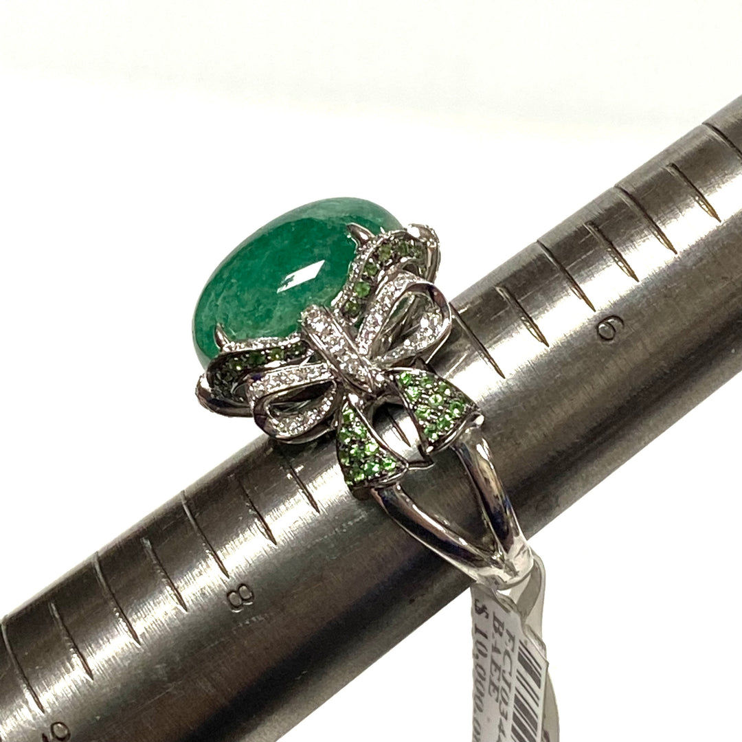 v623 Vintage 18k White Gold Green Emerald Diamond Garnet Bow Design Ring Size 7
