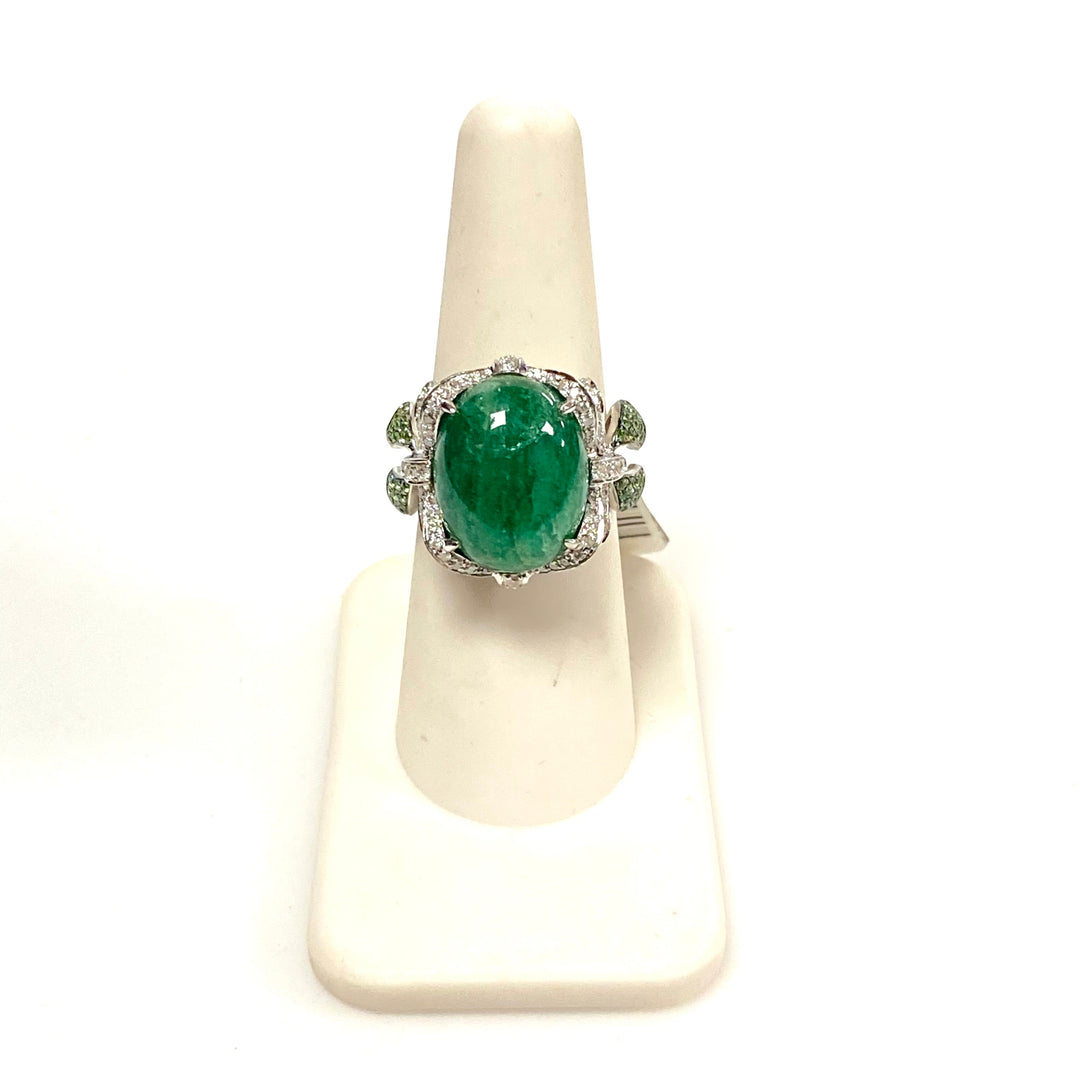 v623 Vintage 18k White Gold Green Emerald Diamond Garnet Bow Design Ring Size 7