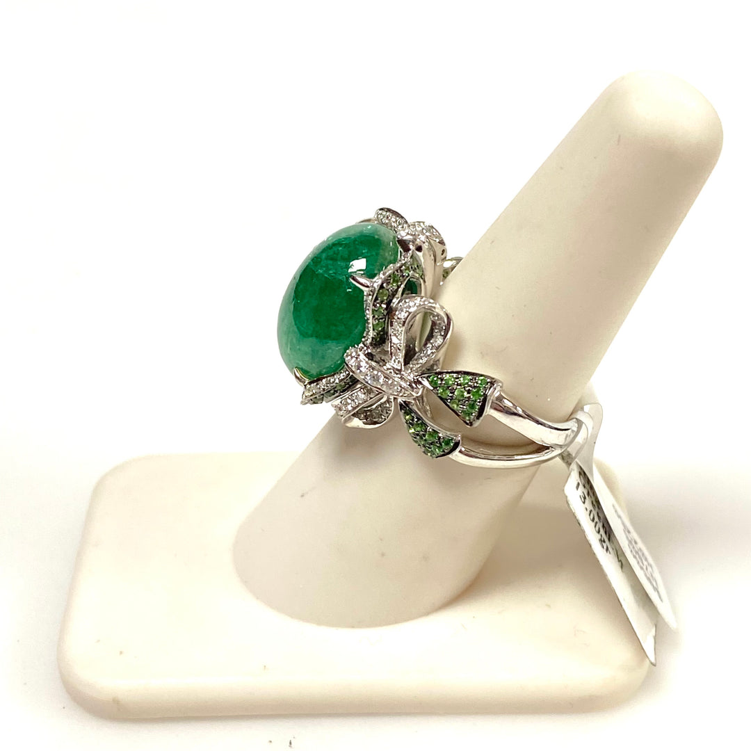 v623 Vintage 18k White Gold Green Emerald Diamond Garnet Bow Design Ring Size 7