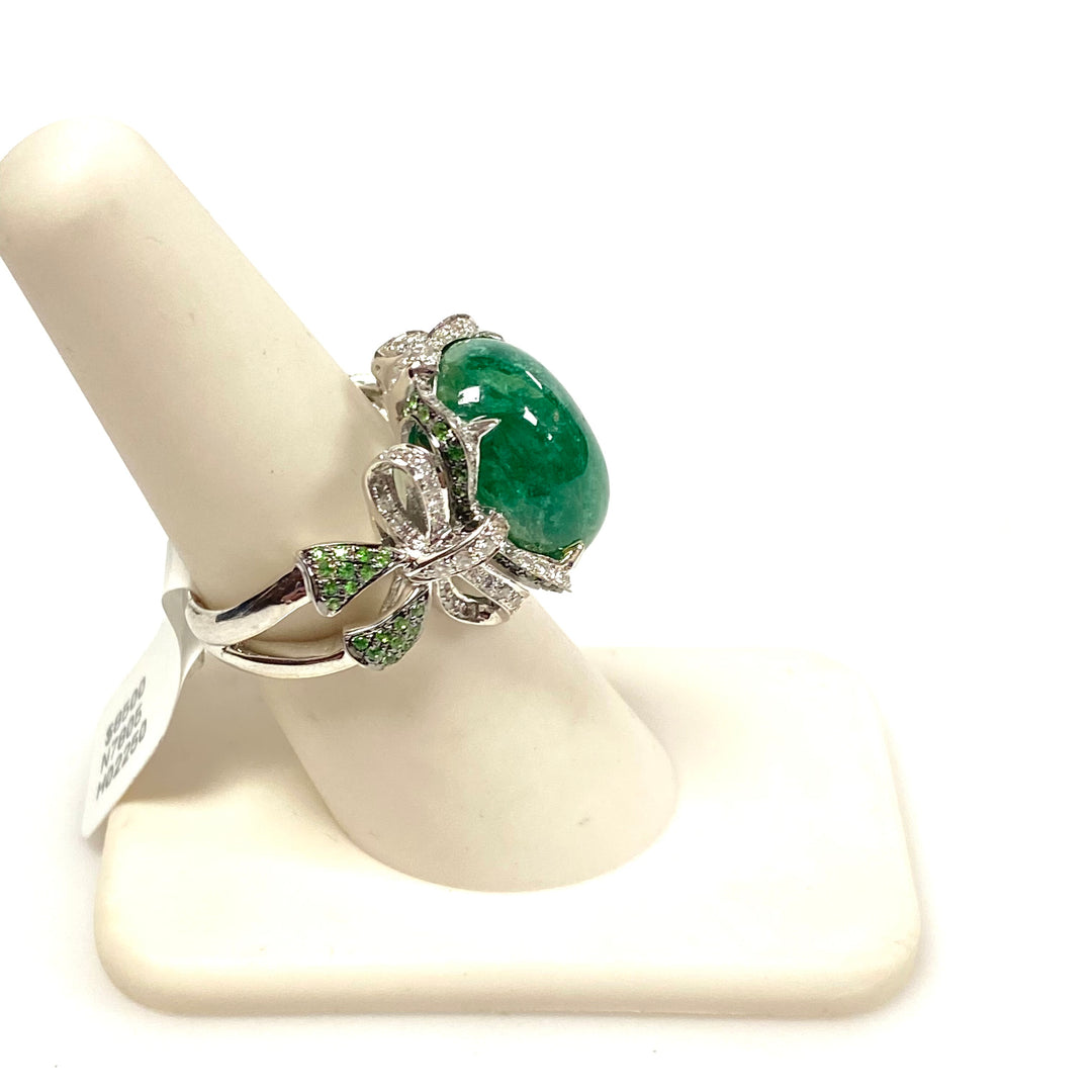 v623 Vintage 18k White Gold Green Emerald Diamond Garnet Bow Design Ring Size 7