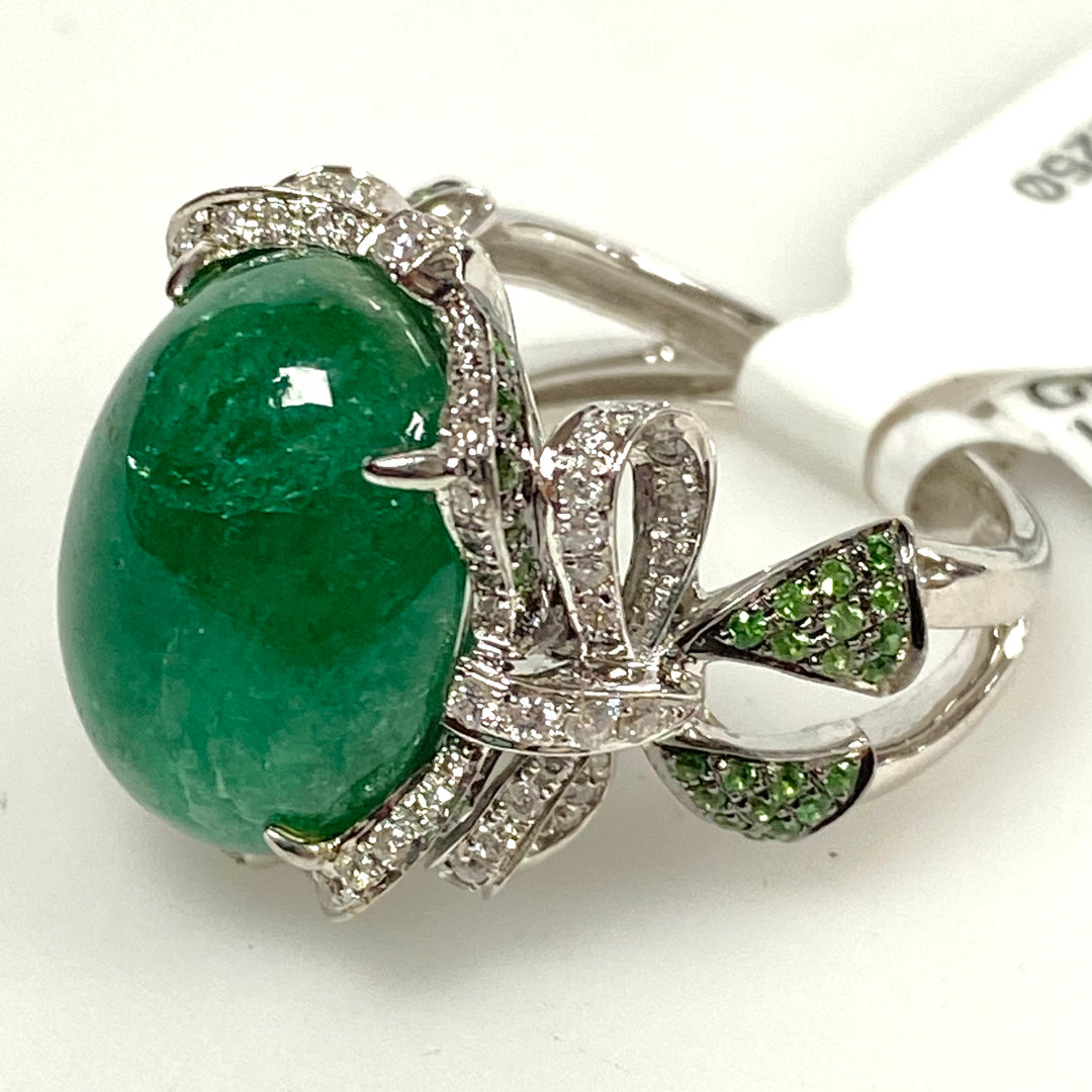 v623 Vintage 18k White Gold Green Emerald Diamond Garnet Bow Design Ring Size 7