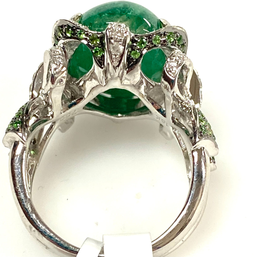 v623 Vintage 18k White Gold Green Emerald Diamond Garnet Bow Design Ring Size 7