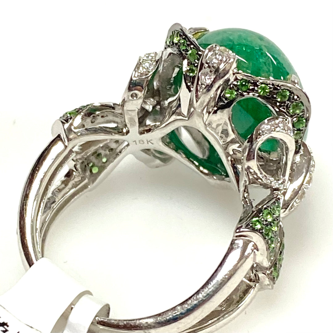 v623 Vintage 18k White Gold Green Emerald Diamond Garnet Bow Design Ring Size 7