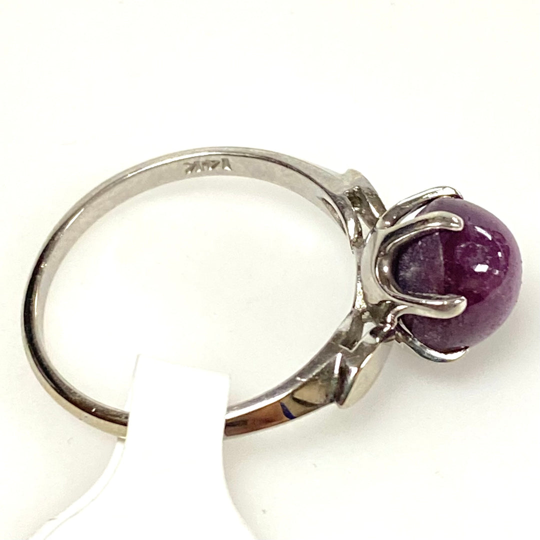 v632 Vintage 14k White Gold Cabochon Purple Star Ruby Stone Ring Size 7.25