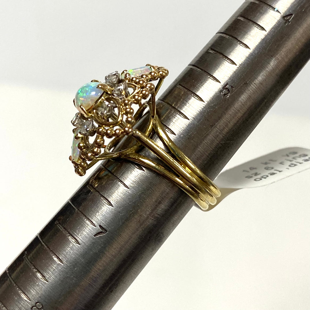 v633 Vintage 14k Yellow Gold Blue Opal Diamond 0.40cts Cluster Statement Ring Size 6