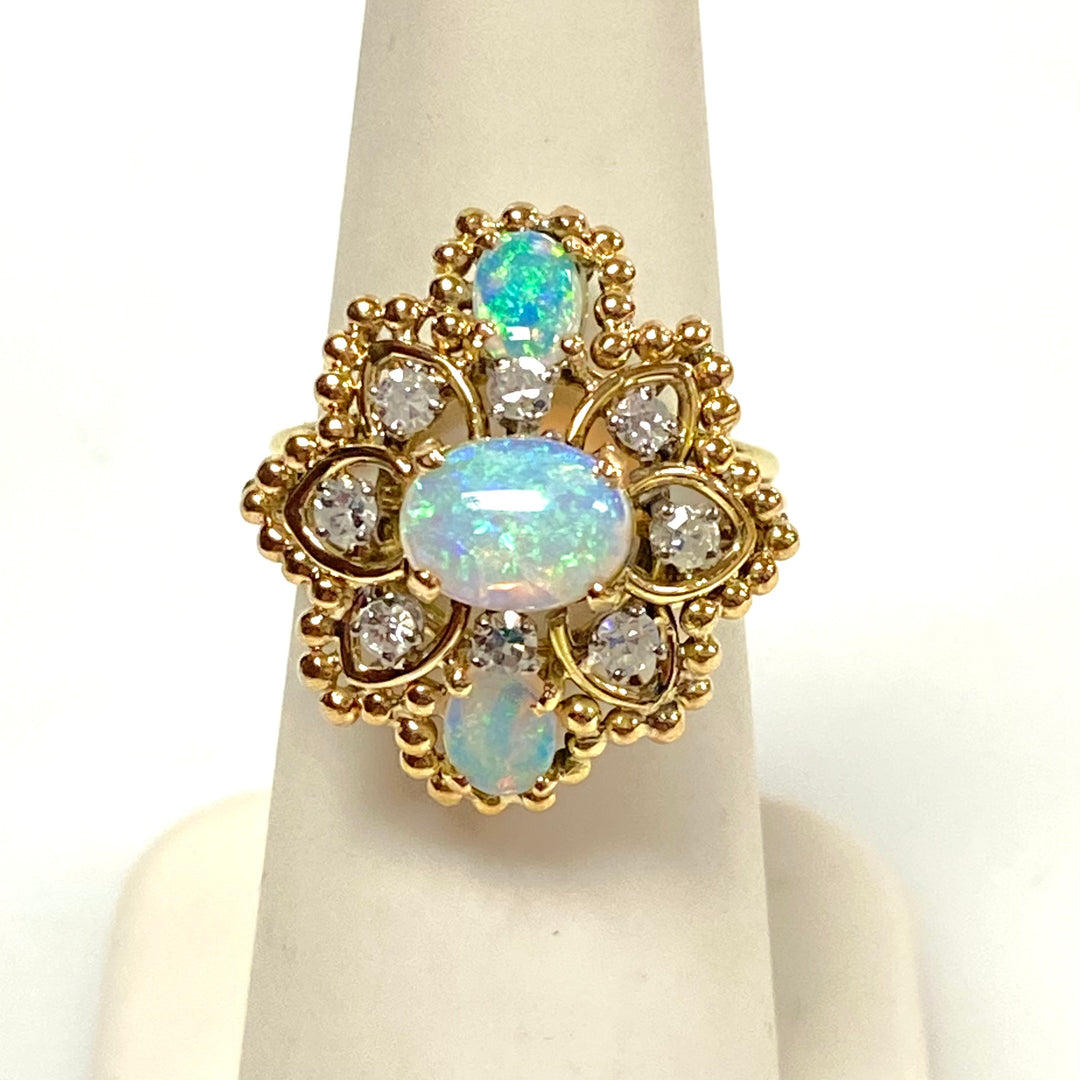 v633 Vintage 14k Yellow Gold Blue Opal Diamond 0.40cts Cluster Statement Ring Size 6