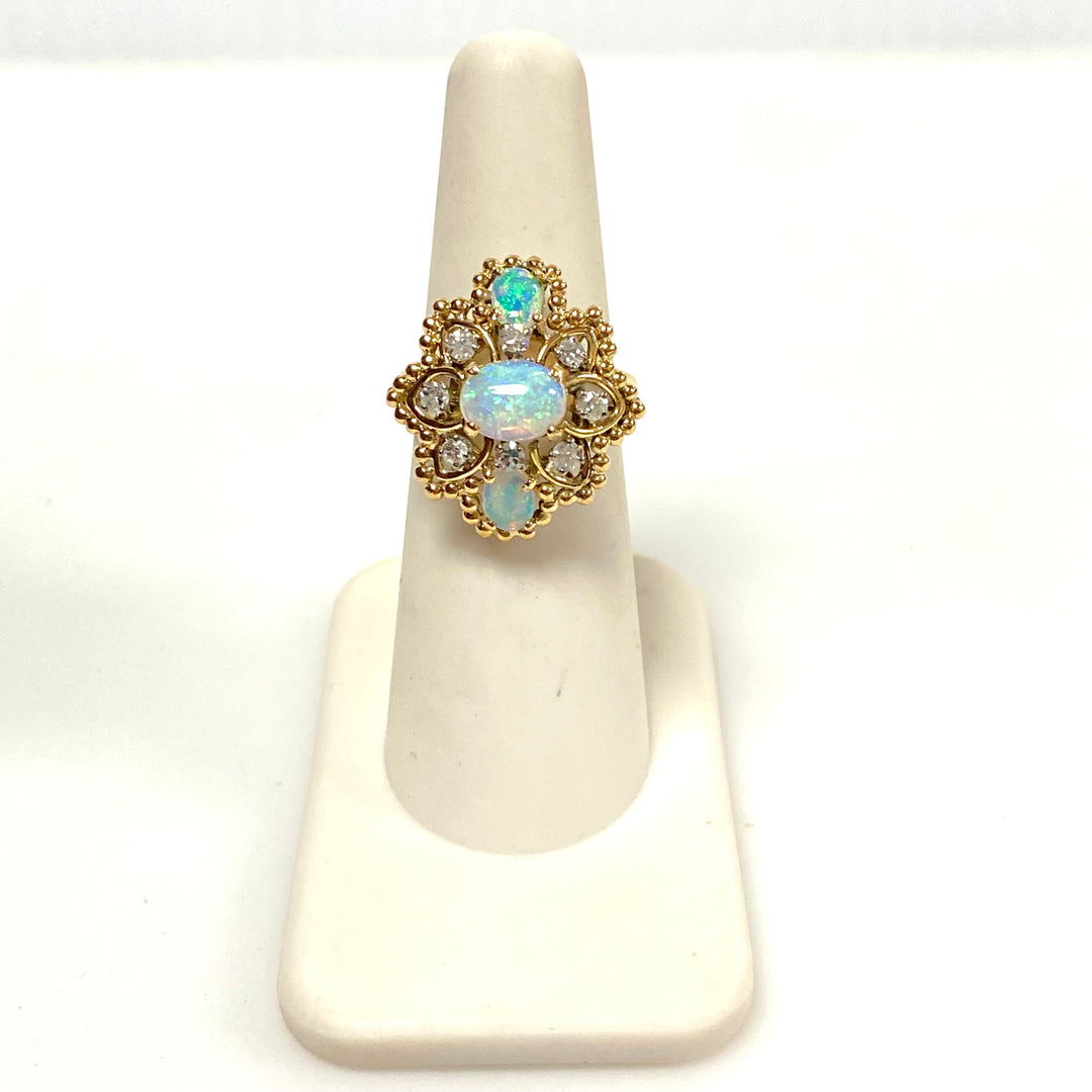 v633 Vintage 14k Yellow Gold Blue Opal Diamond 0.40cts Cluster Statement Ring Size 6