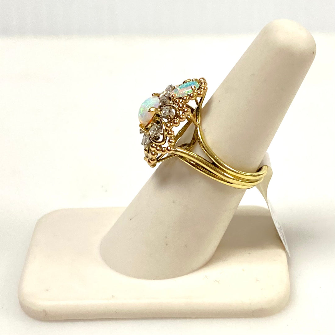 v633 Vintage 14k Yellow Gold Blue Opal Diamond 0.40cts Cluster Statement Ring Size 6